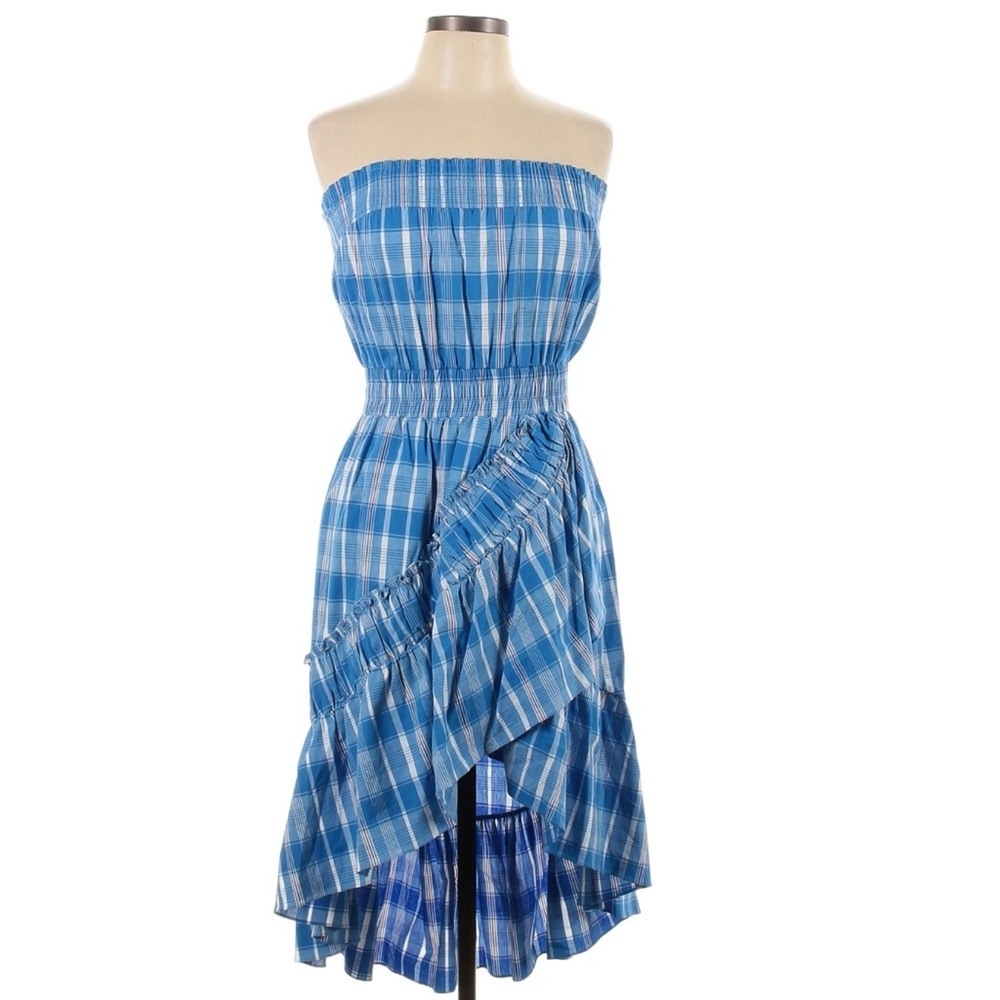 MISA Los Angeles Fernanda Plaid Ruffle Sleeveless Blue Large Strapless Dress